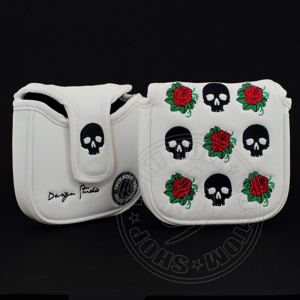 White Skull & Roses Mallet Putter Head cover  | 19th Hole Custom Shop