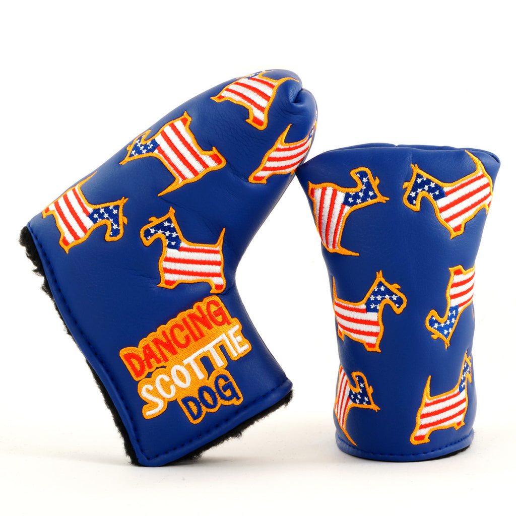 Blue US Flag Dancing Scottie Dog Blade and Mid Mallet Putter Head Cover | 19th Hole Custom Shop