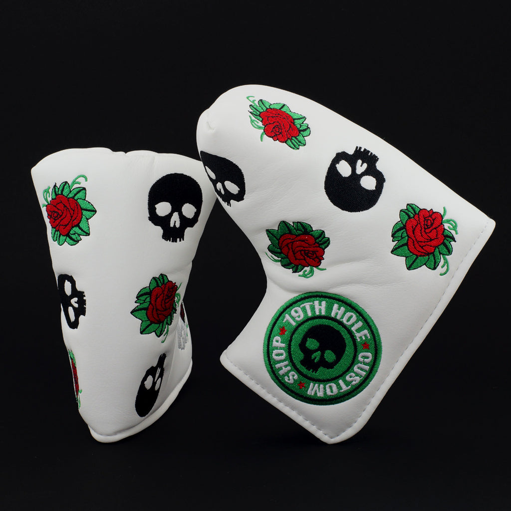 White Skull and Roses Blade & Mid Mallet Putter head Cover | 19th Hole Custom Shop